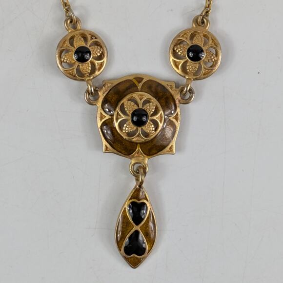 Vintage Gold Tone Drop Pendant Necklace Black Glass Inlay Art Deco Revival 11" - Picture 8 of 8